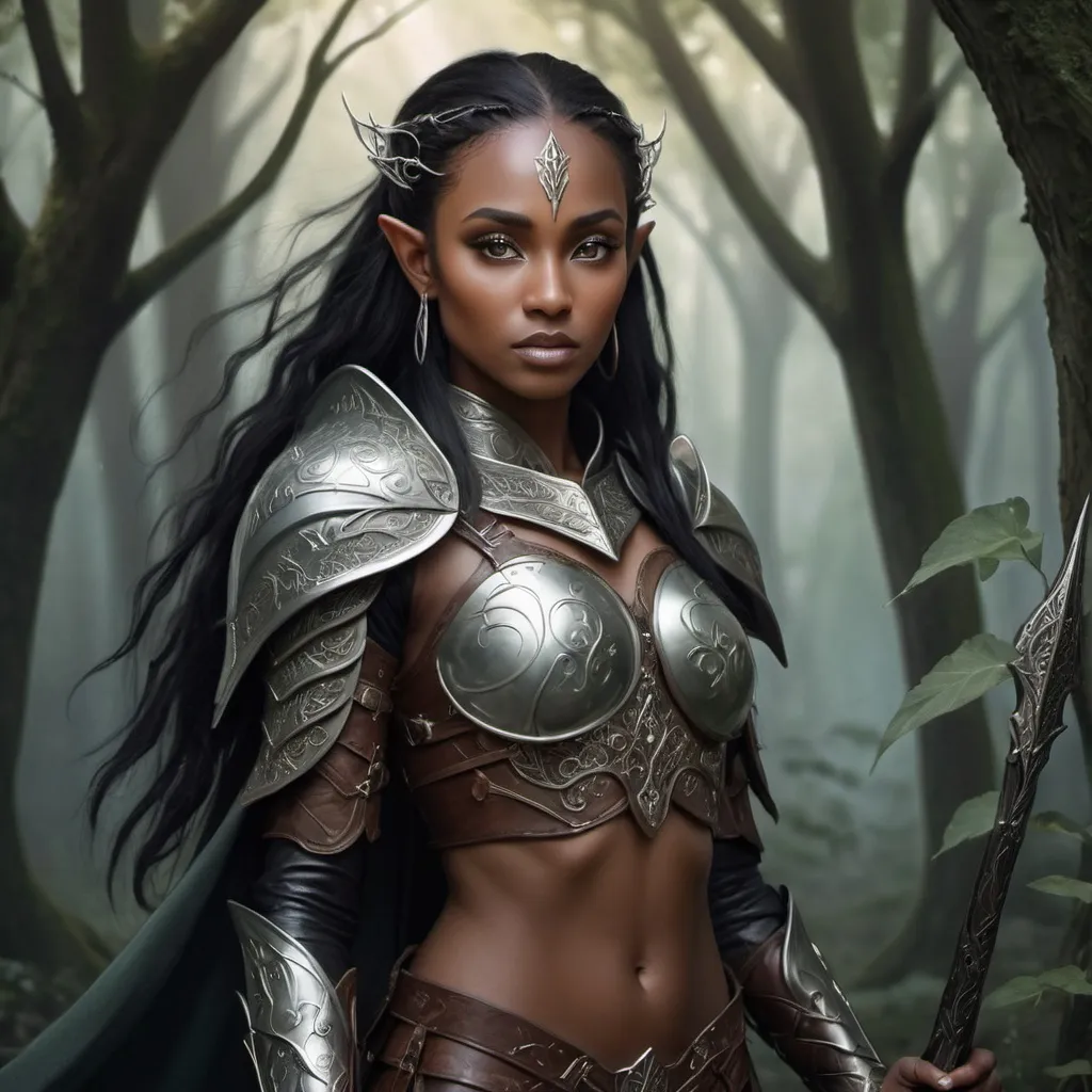 Prompt: Warrior woman with elvish features, fantasy, ethereal, mystical, detailed armor with elvish motifs, flowing cape, enchanted forest background, high quality, fantasy art, ethereal tones, detailed eyes, elegant design, atmospheric lighting, BLACK SKIN, WARRIOR, RANGE, black fields, long black hais, brown eyes, details, high quality, black woman, elvish detais, long hair, armor