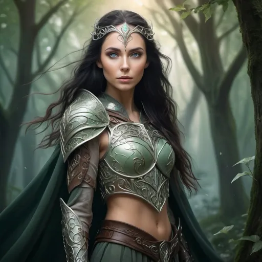 Prompt: Warrior woman with elvish features, fantasy, ethereal, mystical, detailed armor with elvish motifs, flowing cape, enchanted forest background, high quality, fantasy art, ethereal tones, detailed eyes, elegant design, atmospheric lighting