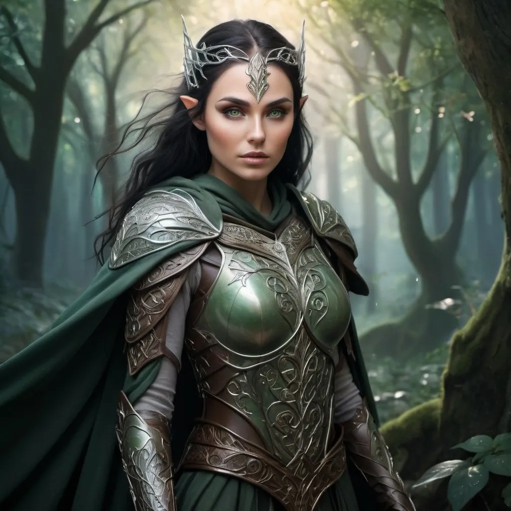 Prompt: Warrior woman with elvish features, fantasy, ethereal, mystical, detailed armor with elvish motifs, flowing cape, enchanted forest background, high quality, fantasy art, ethereal tones, detailed eyes, elegant design, atmospheric lighting