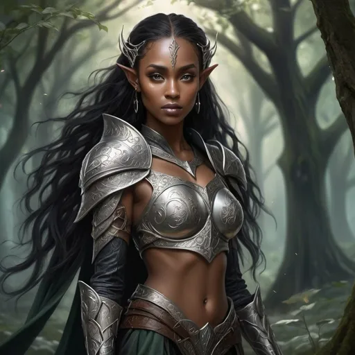 Prompt: Warrior woman with elvish features, fantasy, ethereal, mystical, detailed armor with elvish motifs, flowing cape, enchanted forest background, high quality, fantasy art, ethereal tones, detailed eyes, elegant design, atmospheric lighting, BLACK SKIN, WARRIOR, RANGE, black fields, long black hais, brown eyes, details, high quality, black woman, elvish detais, long hair, armor