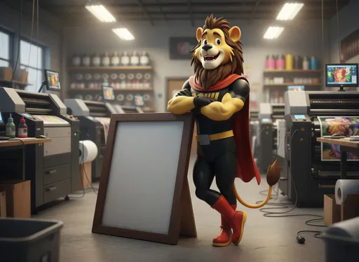 Prompt: @r0WtQ9IWiHAfzB5d8mjG is leaning his side against a large photo frame which is in the landscape position - te frame is in full view. he has his arms crossed and is smiling in excitement at the camera. he is standing in a print workshop with large format printers in the background