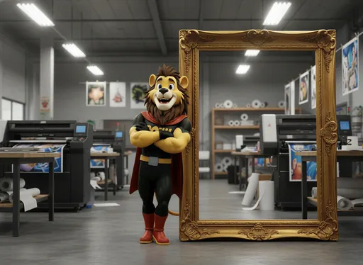Prompt: @r0WtQ9IWiHAfzB5d8mjG is leaning his side against a large photo frame which is in the landscape position - te frame is in full view. the frame is taller than him. he has his arms crossed and is smiling in excitement at the camera. he is standing in a print workshop with large format printers in the background