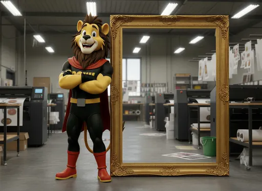 Prompt: @r0WtQ9IWiHAfzB5d8mjG is leaning his side against a large photo frame which is in the landscape position - te frame is in full view. the frame is taller than him. he has his arms crossed and is smiling in excitement at the camera. he is standing in a print workshop with large format printers in the background