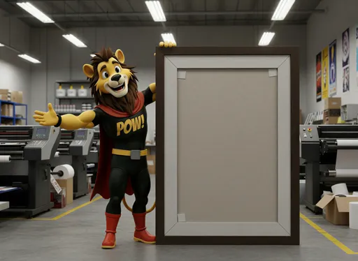 Prompt: @r0WtQ9IWiHAfzB5d8mjG is leaning his side against a large photo frame which is in the landscape position - tHe frame is in full view. the frame is taller than him. he has his arms pointing at the frame  and is smiling in excitement at the camera. he is standing in a print workshop with large format printers in the background. the character must not be standing in front of the frame but standing to its side. 