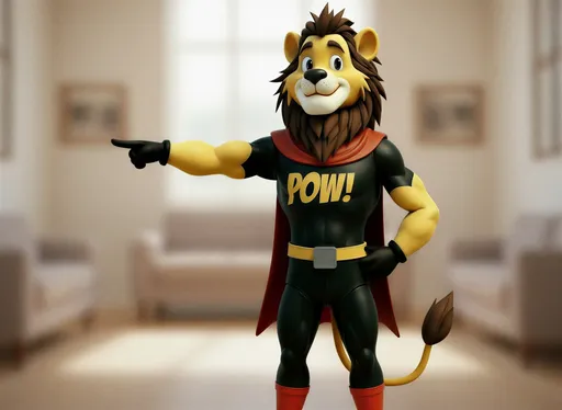 Prompt: @r0WtQ9IWiHAfzB5d8mjG is pointing towards someting on his left whilst smiling at the camera. full body shot