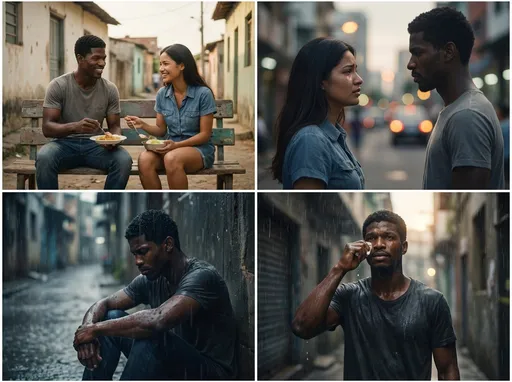 Prompt: Yon jèn gason pòv men onèt, ki rele Mika, ap viv nan yon katye senp. Li gen gwo rèv, men li pa gen anpil lajan.

Yon jou, li rankontre Lina, yon jèn fi bèl, souriyan, ki fè kè l bat vit. Yo kòmanse pale, ri, pataje moman senp ansanm. Lanmou ap grandi tou dousman.

Men, lè lavi vin difisil, Mika pa kapab ofri Lina bagay chè ni lavi luks. Presyon sosyete a vin fò.

Yon swa, Lina di Mika li renmen l, men li pa ka kontinye relasyon an paske li bezwen sekirite finansye. Li kite l ak dlo nan je.

Kamera a montre Mika pou kont li, chita anba lapli, ap reflechi sou lavi, sou lanmou, sou rèv li.

Istwa a fini ak espwa: Mika leve, seche dlo nan je l, pran desizyon pou travay di, chanje lavi l, epi pwouve valè li pa mezire ak lajan.

Tòn emosyonèl, mizik trist au début, mizik motivasyonèl à la fin, stil sinematografik, limyè natirèl, ekspresyon vizaj pwofon, kalite fim.