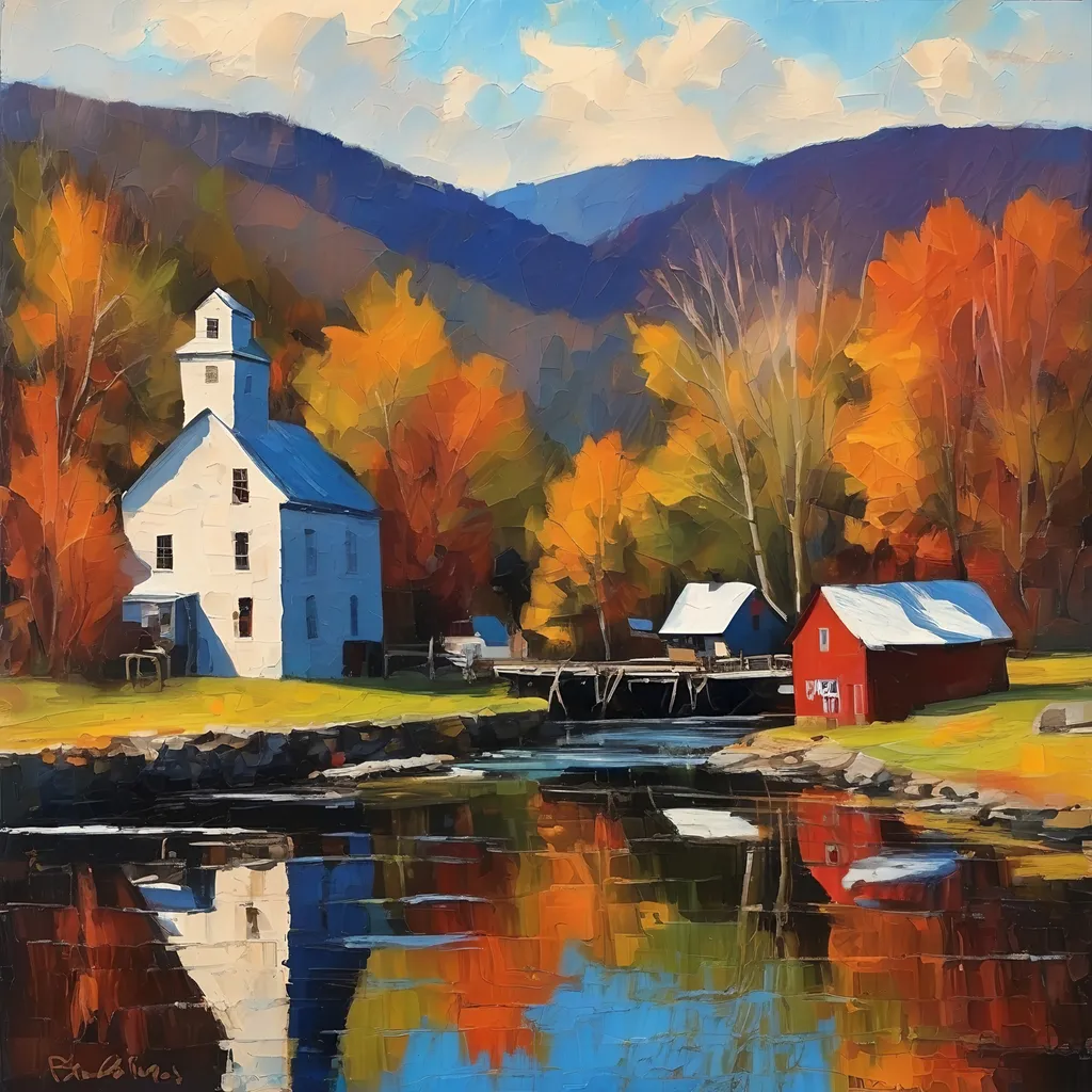 Prompt: small vermont town on the river with a mill 
 with large palette-knife