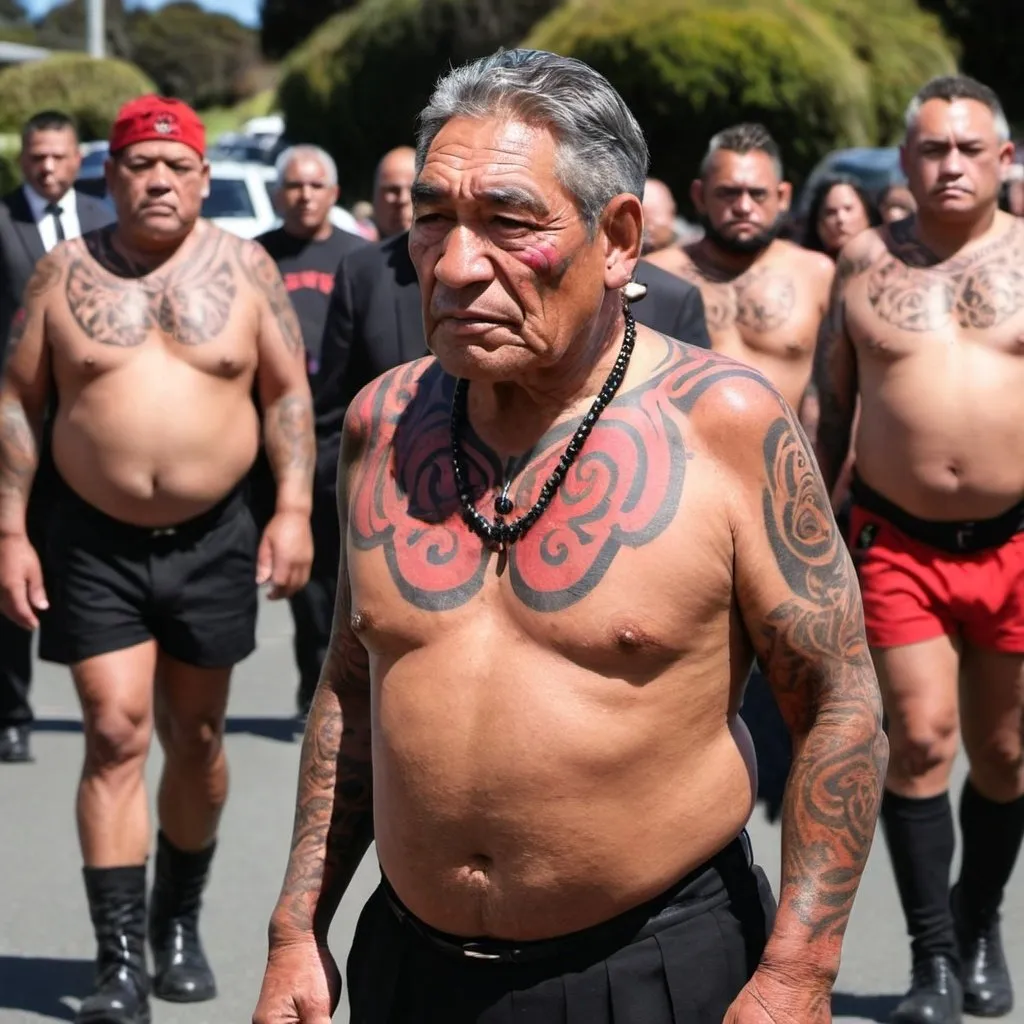 Prompt: mongrel mob funeral for a shirt-less Winston Peters