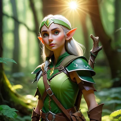 Prompt: Elf ranger in a mystical forest around sunlight