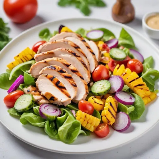 Prompt: A vibrant photo of a beautifully plated low-calorie dish, such as a colorful salad with fresh vegetables and grilled chicken, arranged elegantly on a white plate.