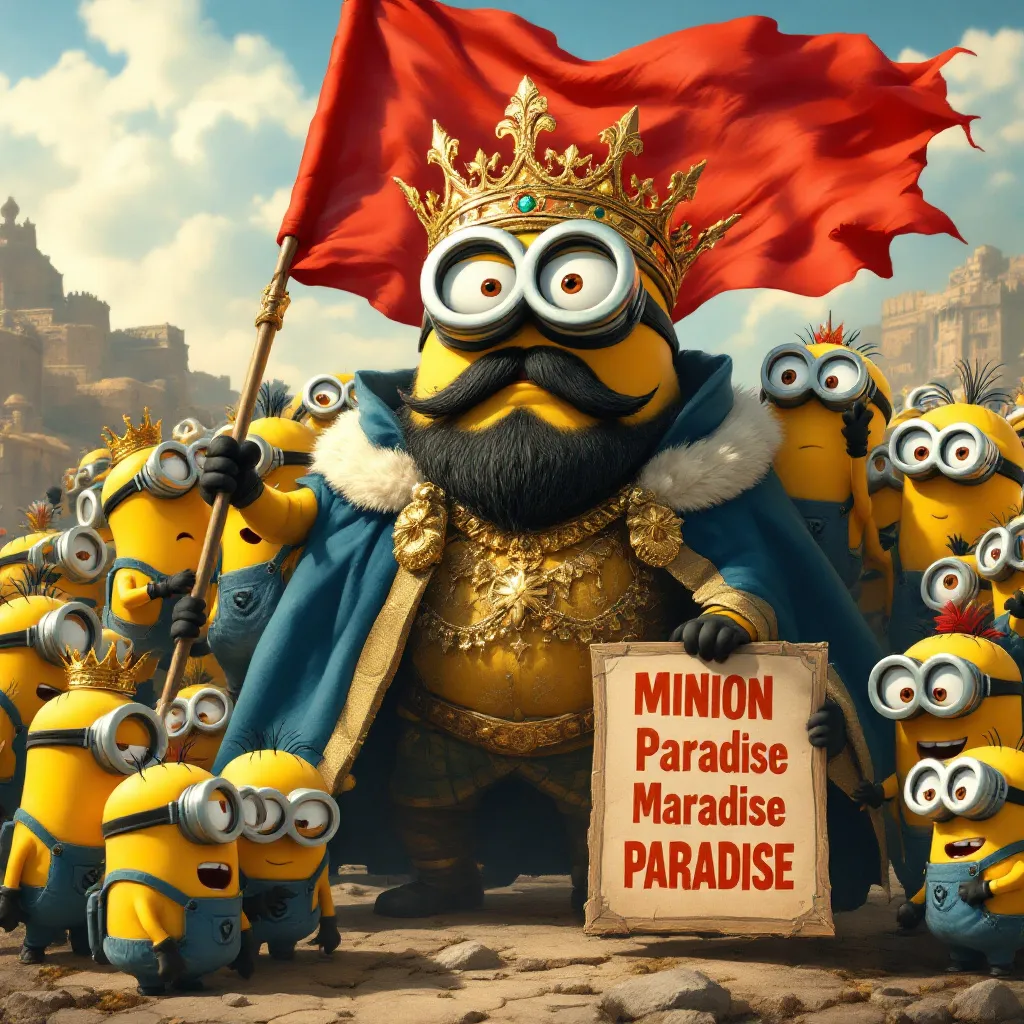 Prompt: create me a big minion, propagranda poster look alike which shows them ruling over a country with their own personal minion flag and other minions surrounding the big minion  with a crown and that looks strong and has a propagranda poster which clearly states that the minion is ruling the country and have the minion hold a poster that says, "Minion Paradise"