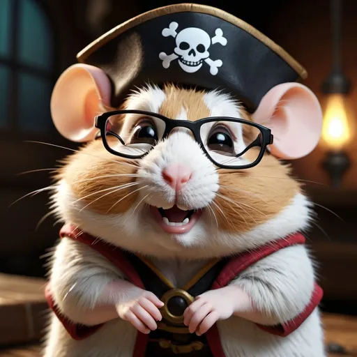 Prompt: 3D render of a Disney hamster wearing glasses, with an old pirate evil laugh, cinematic colors, detailed fur with realistic texture, high quality, 3D render, Disney style, evil laugh, cinematic colors, glasses, detailed fur, pirate theme, professional lighting