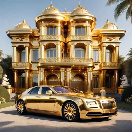 Prompt: "A luxurious three-story house shaped like a lotus flower, fully made of gold, with intricate golden details reflecting sunlight. The house has a grand entrance with golden pillars and artistic carvings. In front of the house, a stunning golden Rolls-Royce with a polished, mirror-like finish is parked on a driveway made of gold bricks. The entire scene shines brilliantly under a clear blue sky, with a surreal and majestic atmosphere, ultra-realistic, high-detail, cinematic lighting, 8K resolution."