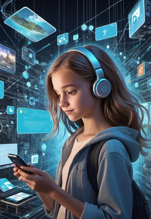 Prompt: A fantasy-themed digital illustration featuring a happy 
teenage girl in the foreground, absorbed in her phone, showcasing her best self on social media. In the background, a complex, futuristic world is depicted where all data is being collected and a detailed profile of her is being assembled. The process is shown to be 82% complete, with various data streams, holographic interfaces, and intricate machinery highlighting the theme of media literacy and digital awareness.


