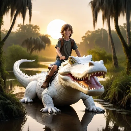 Prompt: A 10 year old boy hero riding on a larger than life white alligator with the sun setting and trees and swamp all around fantasy theme 
