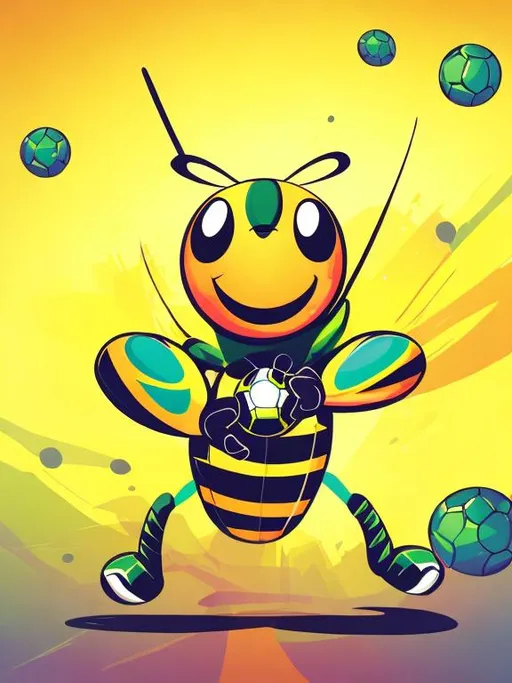 Prompt: Green and blue digital illustration of a smiling wasp playing soccer, vibrant colors, graphic style, detailed wings, happy expression, cartoon, soccer ball, high quality, vibrant, graphic, cheerful, soccer, no background, illustration fit in image