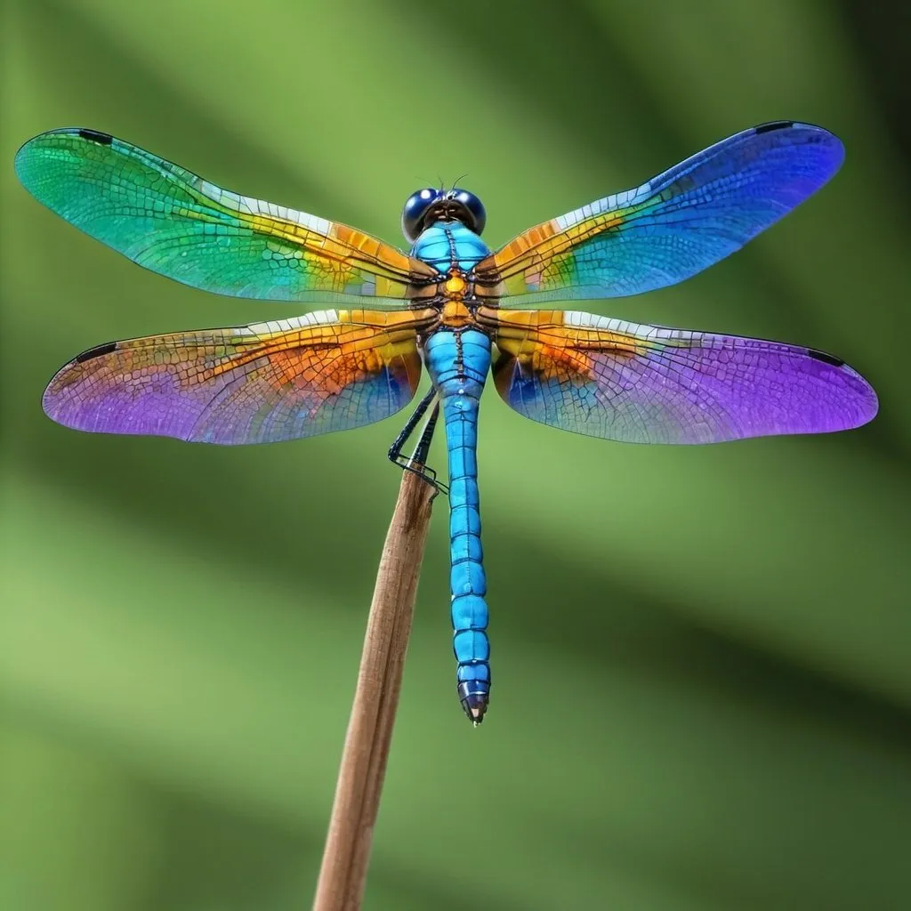 Prompt: A glorious dragonfly with blue, gold, orange, green, and violet colors