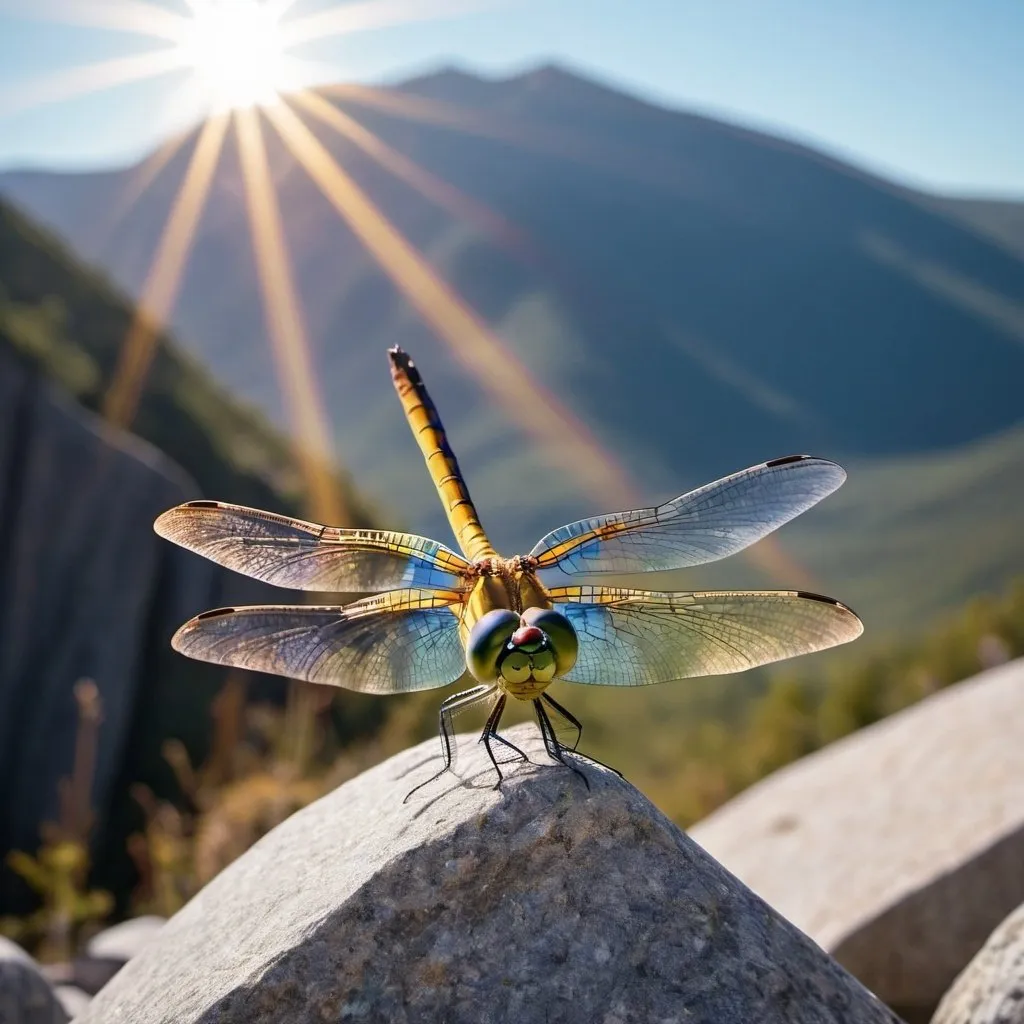 Prompt: A glorious dragonfly with blue, gold, orange, green, and violet colors perched on top of a giant, granite mountain. The mountain is shaking. There is golden beams of sun in the background.