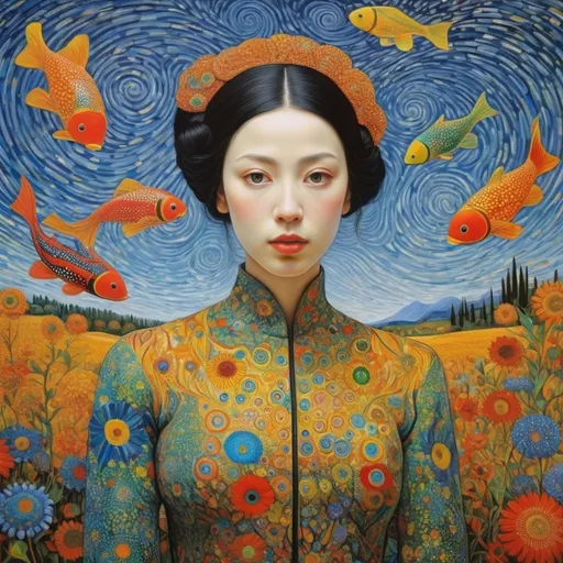 Prompt: The most beautiful painting highly detailed extremely detailed oil on canvas crisp quality colourful Picasso Van Gogh no text klimt Alex Grey Bridget Riley Yayoi Kusama Figurative Art murakami  extremely detailed background