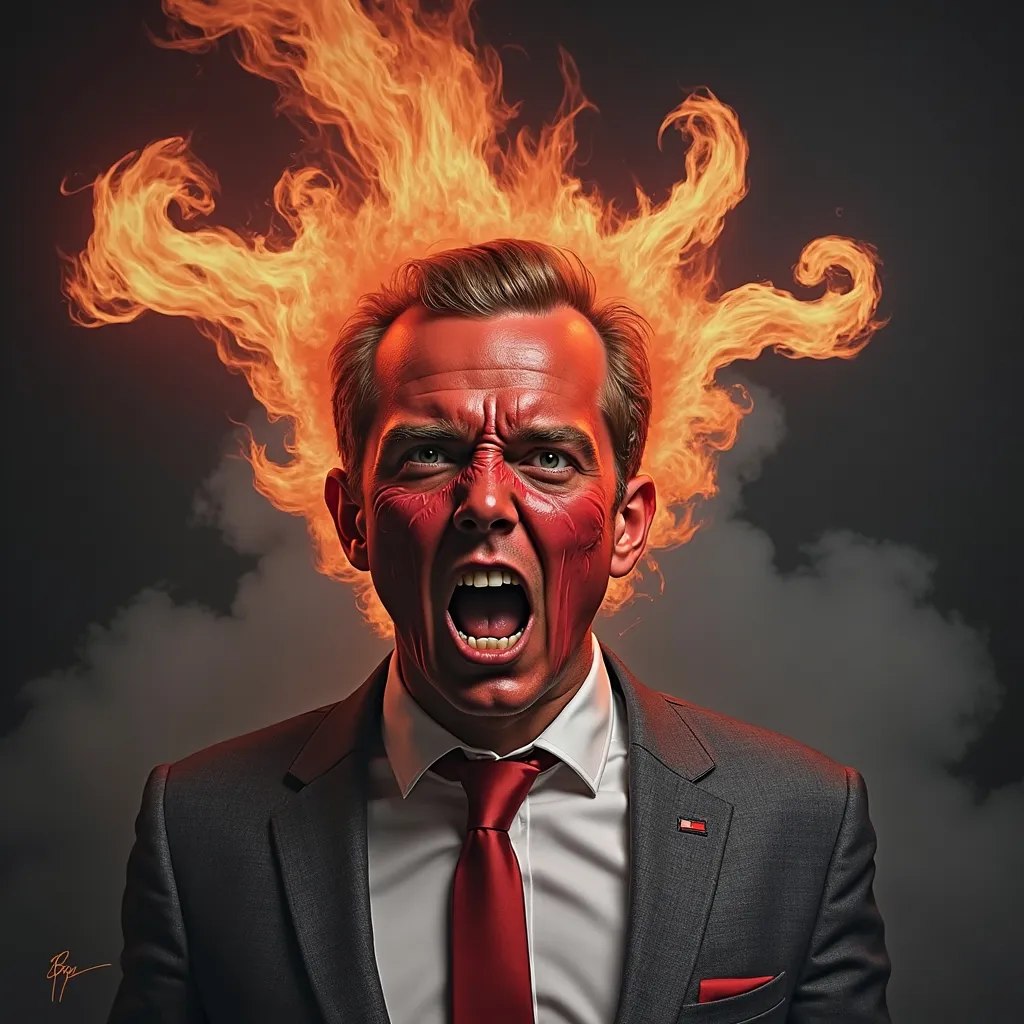 Prompt: a man with a red tie and a red fire painted on his face and face is shown in the background, Bastien L. Deharme, shock art, highly detailed digital painting, a photorealistic painting