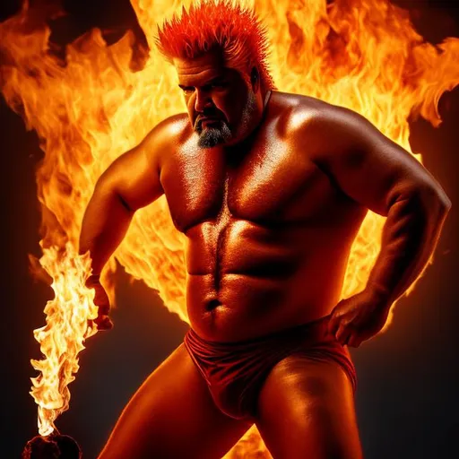 Prompt: guy fieri, sisyphus, hair made of flames, fire superhero guy fieri, wearing red speedos ,
hell, 4k, hd, 1080p