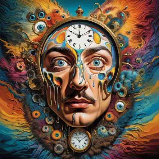 Prompt: intricate details , Surrealistic 8K illustration,vibrant colors, intense colors, melting clock elements, surreal Salvador Dali-inspired style, intricate fur patterns, intense and piercing gaze, dreamlike atmosphere, high quality, ultra-detailed, surrealism,detailed fur, surreal atmosphere, intense eyes, dreamlike lighting