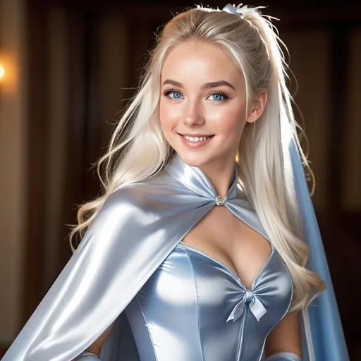 Prompt: (eaw photo) , Blue-eyed girl in her 20s smiling with long white hairin ponytail , long voluminous silver satin cape tied at the neck with a ribbon , leotard , full body, slight skin blemishes, sly smile, high-quality ultra realistic style, warm tones, soft lighting, detailed eyes, subtle freckles, professional, expressive