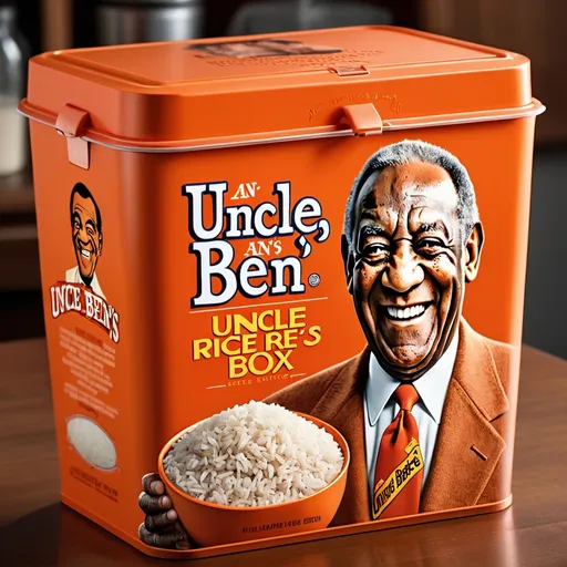 Prompt: Close-up of an iconic Uncle Ben's rice box, Bill Cosby's iconic smiling face, official product photo, high resolution, realistic, detailed logo, orange color theme, iconic mascot, vintage advertising, classic representation, intense and focused gaze, professional lighting