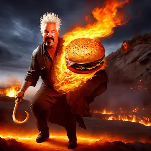 Prompt: guy fieri, sisyphus, pushing burger, hell, 4k, hd, 1080p
