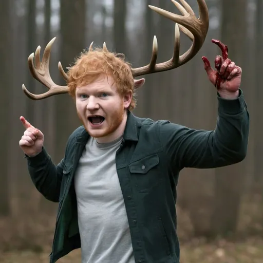 Prompt: ed sheeran running i panic with deer head punching deer horns off bloody , from deer charging , ed fighting a deer, ed sheeran holding horn from deer, Deer with bloody horns