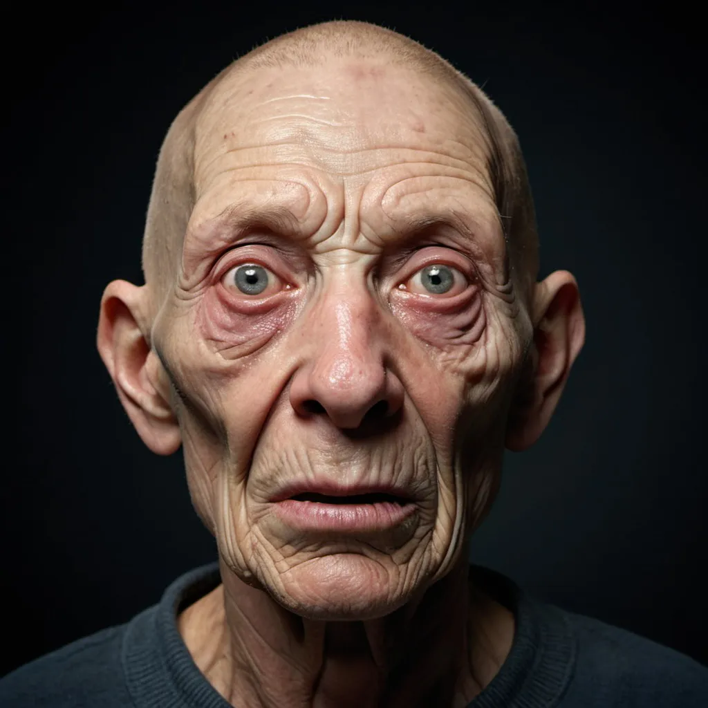 Prompt: Studio photo of the world's 'ugliest' person, hyper-realistic, surreal and creepy, exaggerated facial features, detailed wrinkles and blemishes, high definition, over-detailed, unsettling, horror, exaggerated features, uncanny valley, bizarre lighting, eerie atmosphere, haunting, uncomfortable, unsettling, exaggerated portrait, unpleasant, highly detailed textures