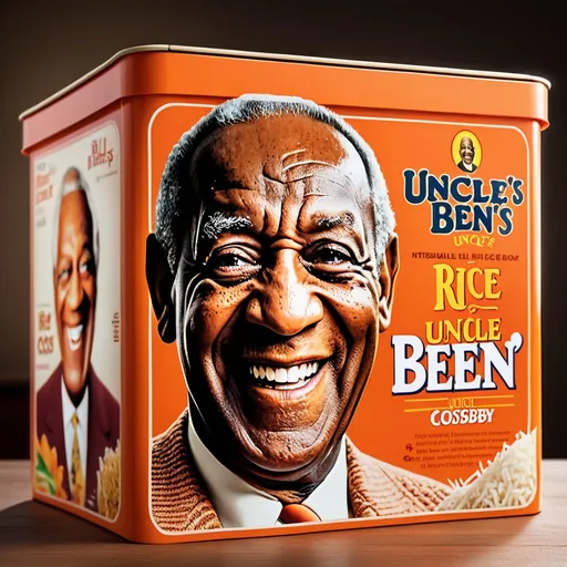 Prompt: Close-up of an iconic Uncle Ben's rice box, Bill Cosby's iconic smiling face, official product photo, high resolution, realistic, detailed logo, orange color theme, iconic mascot, vintage advertising, classic representation, intense and focused gaze, professional lighting