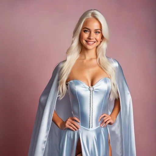 Prompt: <mymodel>(eaw photo) , Blue-eyed girl in her 20s smiling with long white hairin ponytail , long voluminous silver satin cape tied at the neck with a ribbon , leotard , full body, slight skin blemishes, sly smile, high-quality ultra realistic style, warm tones, soft lighting, detailed eyes, subtle freckles, professional, expressive