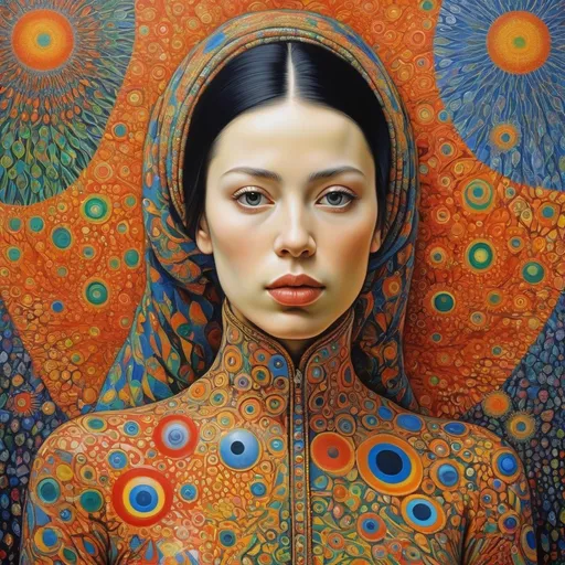 Prompt: Overdetailed , Most beautiful woman in the world , The most beautiful painting highly detailed extremely detailed oil on canvas crisp quality colourful Picasso Van Gogh no text klimt Alex Grey Bridget Riley Yayoi Kusama Figurative Art murakami  extremely detailed background