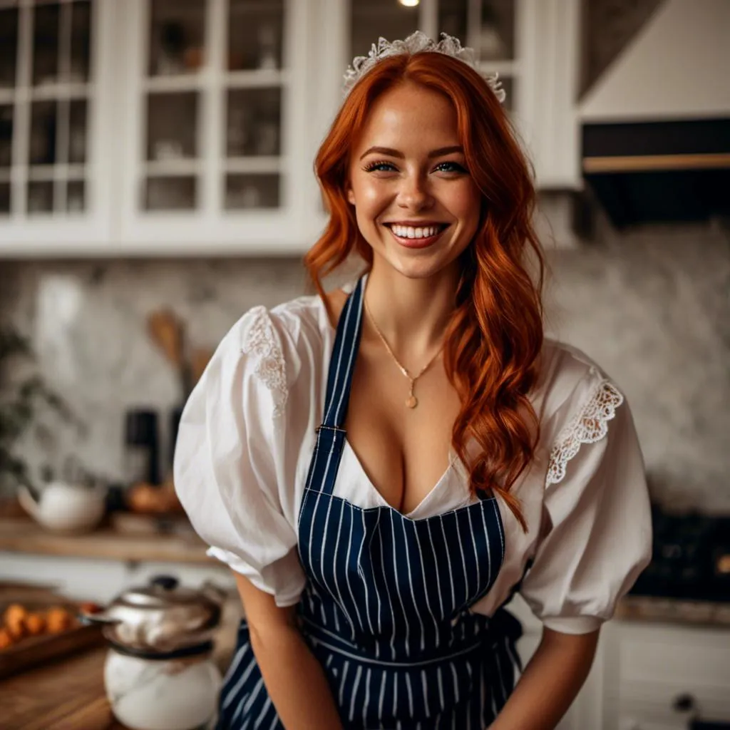 Prompt: <mymodel>HDR, 8K resolution, intricate detail, sophisticated detail, photorealistic, portrait, laughing, redhead, maid, freckles, apron, amazing body, pronounced feminine feature, legwear suspenders, kitchen background, close up, sharp focus, portrait of 1 girl, depth of field, photorealistic, HDR, 8K resolution, sophisticated detail, amazing body, pronounced feminine feature, maid, redhead, laughing, freckles, apron, legwear suspenders, kitchen background, close up