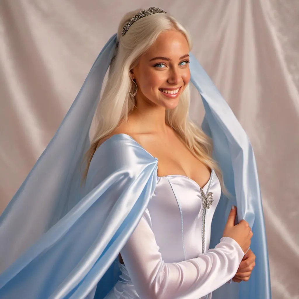 Prompt: <mymodel>(eaw photo) , Blue-eyed girl in her 20s smiling with long white hairin ponytail , long voluminous silver satin cape tied at the neck with a ribbon , leotard , full body, slight skin blemishes, sly smile, high-quality ultra realistic style, warm tones, soft lighting, detailed eyes, subtle freckles, professional, expressive