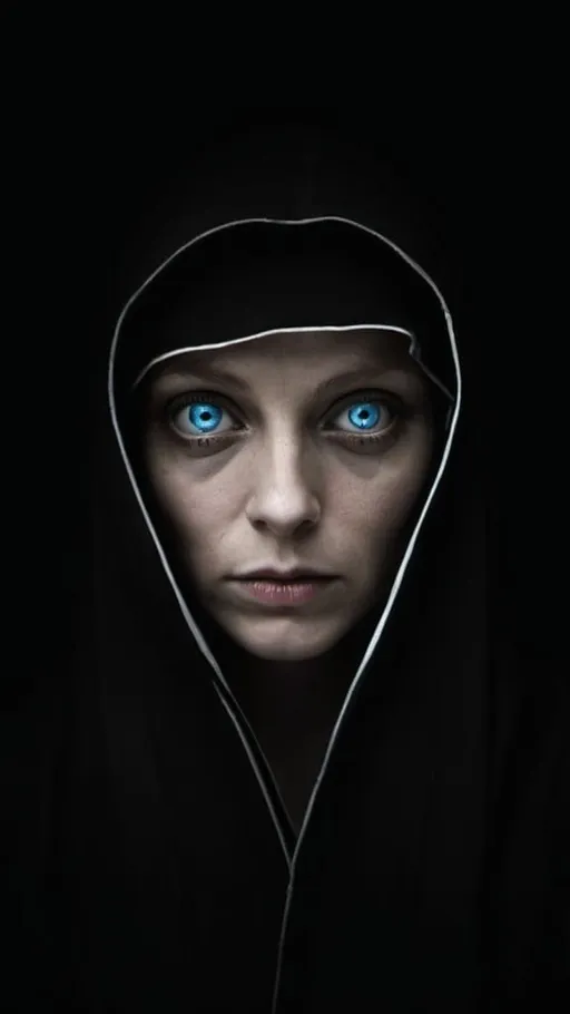 Prompt: Black and white photo taken in darkness only eyes and Contours of face is visible, a creepy woman with blue eyes and a hood on her head in the dark with a creepy expression on her face, Clarice Beckett, sots art, hyper realistic face, an album cover