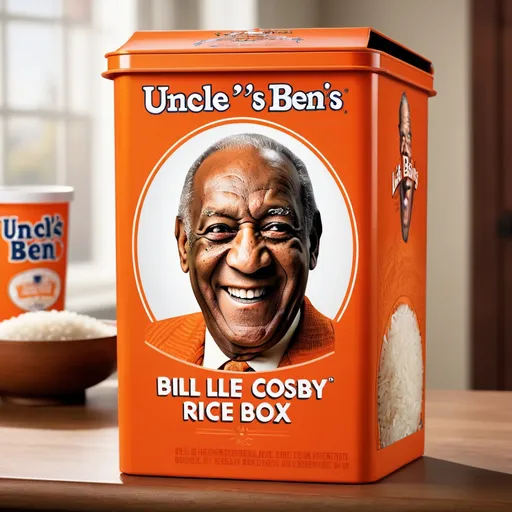 Prompt: Close-up of an iconic Uncle Ben's rice box, Bill Cosby's iconic smiling face, official product photo, high resolution, realistic, detailed logo, orange color theme, iconic mascot, vintage advertising, classic representation, intense and focused gaze, professional lighting