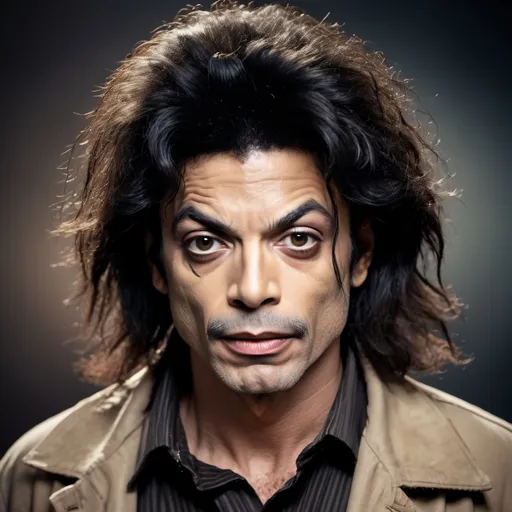 Prompt: Stock photo portrait of scary most ugliest person in the universe  with photo studio background of Michael Jackson worst imitator most ugly and creepy workers with junkies and crackhead appearances, disheveled attire, dilated pupils, grimy and unkempt surroundings, low-quality, gritty realism, documentary style, desaturated colors, harsh lighting, intense expressions, drug-induced demeanor, raw and unfiltered, unprofessional, rough and rugged