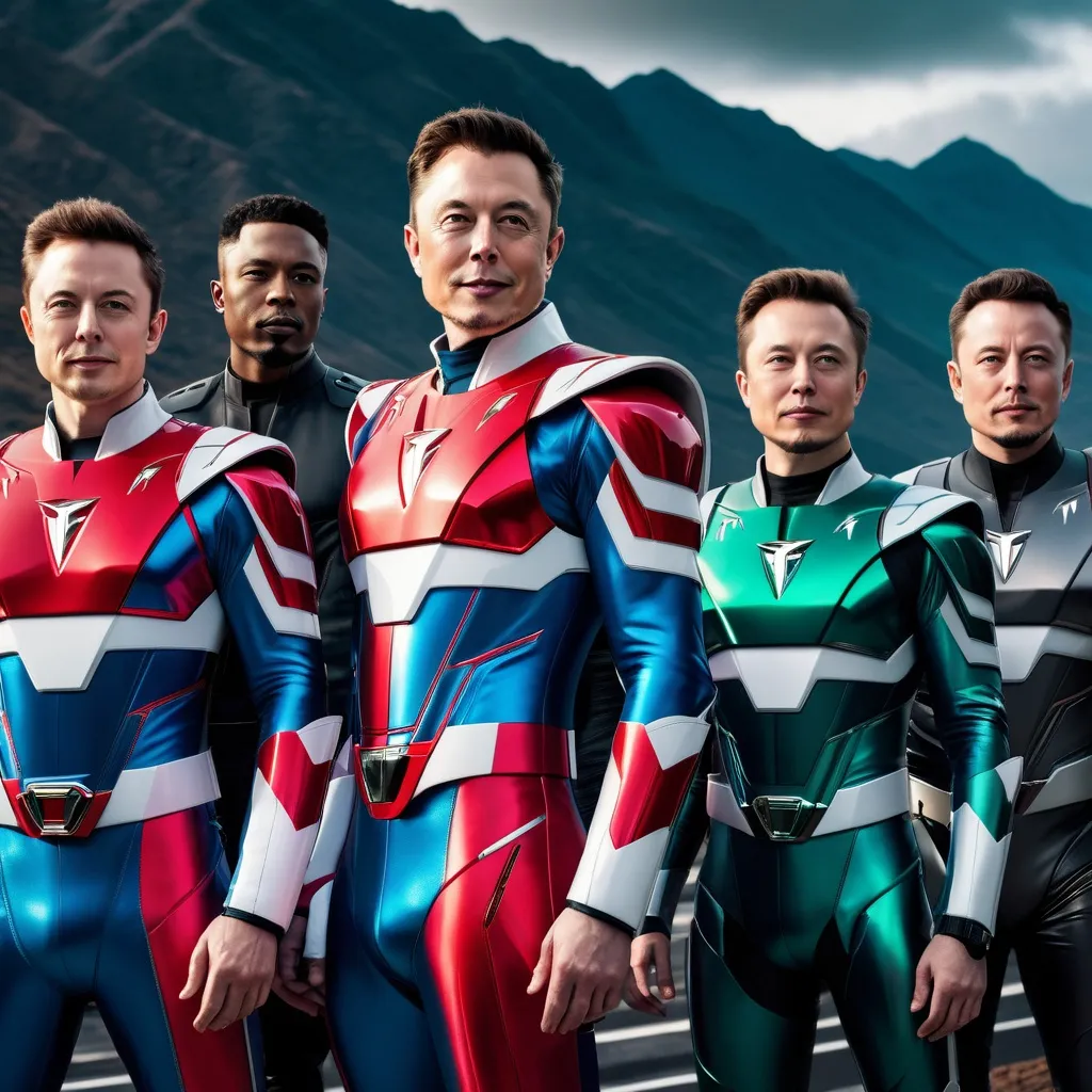 Prompt: Power Rangers with Elon Musk faces, Tesla logos on chests, Cybertruck Tesla, high-tech suits, detailed facial features, futuristic city skyline, intense and focused gazes, sleek and professional design, cyberpunk, highres, ultra-detailed, sci-fi, cool tones, atmospheric lighting