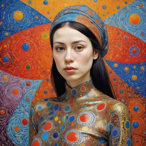 Prompt: Overdetailed , Most beautiful woman in the world , The most beautiful painting highly detailed extremely detailed oil on canvas crisp quality colourful Picasso Van Gogh no text klimt Alex Grey Bridget Riley Yayoi Kusama Figurative Art murakami  extremely detailed background