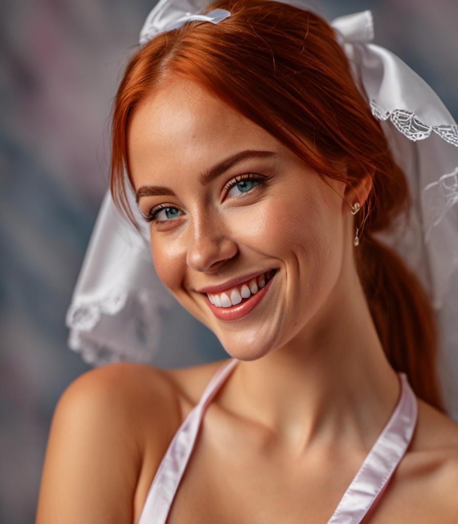 Prompt: <mymodel>HDR, 8K resolution, intricate detail, sophisticated detail, photorealistic, portrait, laughing, redhead, instagram model, freckles, apron, amazing body, pronounced feminine feature, Studio background, close up, sharp focus, portrait of 1 girl, depth of field, photorealistic, HDR, 8K resolution, sophisticated detail, amazing body, pronounced feminine feature, maid, redhead, laughing, freckles, apron, legwear suspenders, kitchen background, close up