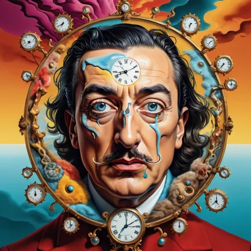 Prompt: Surrealistic 8K illustration of an overdetailed, photorealistic illusion with intense and piercing gaze, vibrant and intense colors, Salvador Dali-inspired style, intricate fur patterns, melting clock elements, dreamlike, vibrant color palette, highres, ultra-detailed, photorealistic, surreal, Salvador Dali-inspired, intense gaze, intricate patterns, dreamlike, vibrant colors