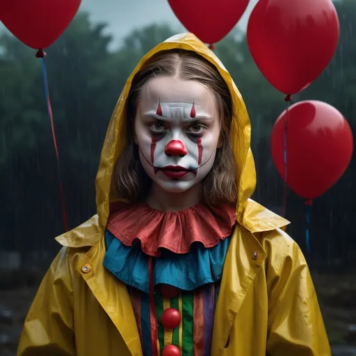 Prompt: Greta Thunberg in iconic yellow raincoat, Bill Skarsgård as It The Clown, red balloons, realistic portrait, horror, intense gaze, detailed facial expressions, high quality, atmospheric lighting, dark theme, theatrical, vibrant colors, cinematic