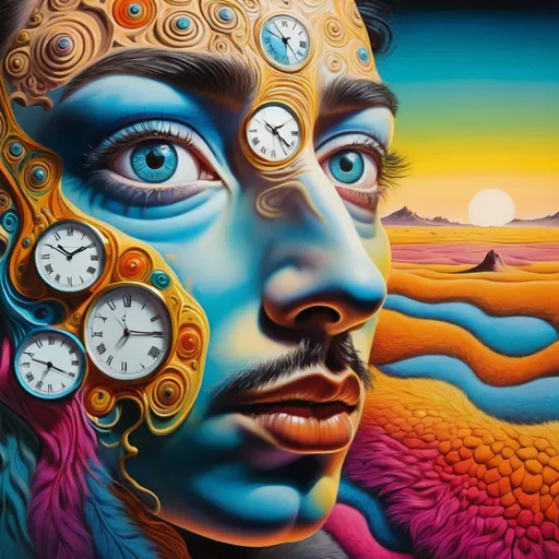 Prompt: intricate details , Surrealistic 8K illustration,vibrant colors, intense colors, melting clock elements, surreal Salvador Dali-inspired style, intricate fur patterns, intense and piercing gaze, dreamlike atmosphere, high quality, ultra-detailed, surrealism,detailed fur, surreal atmosphere, intense eyes, dreamlike lighting