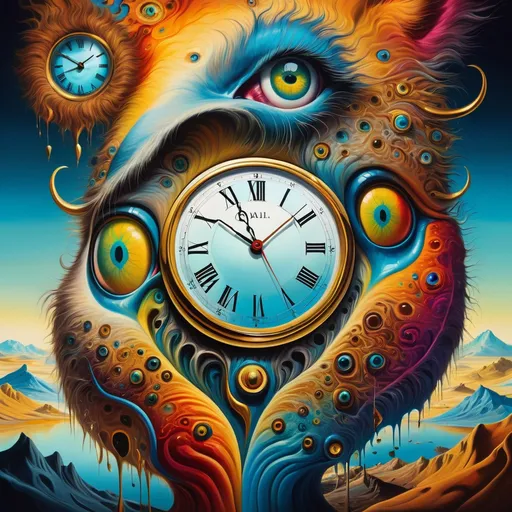 Prompt: intricate details , Surrealistic 8K illustration,vibrant colors, intense colors, melting clock elements, surreal Salvador Dali-inspired style, intricate fur patterns, intense and piercing gaze, dreamlike atmosphere, high quality, ultra-detailed, surrealism,detailed fur, surreal atmosphere, intense eyes, dreamlike lighting