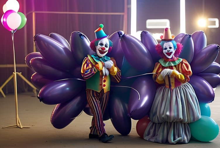 Prompt: 2 clowns in vibrant circus makeup, holding colorful balloon animals, whimsical and playful, high quality, clown makeup, colorful balloons, playful, vibrant, circus theme, fun, detailed, whimsical lighting