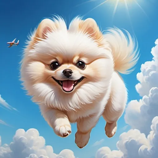 Prompt: White fur Pomeranian skydiving, fluffy clouds, vibrant blue sky, realistic painting, high quality, detailed fur, cute and playful, realistic style, bright and sunny, cheerful atmosphere, sunny day, fluffy clouds, high detail, realistic painting, vibrant blue sky, playful dog, white fur, realistic fur texture, high quality, cheerful atmosphere