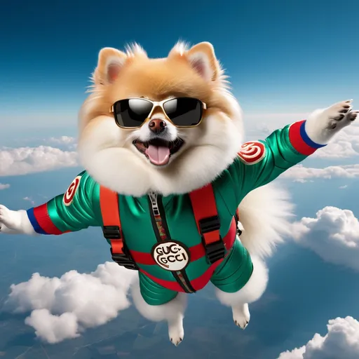 Prompt: White Fur,  White Pomeranian, Skydiving Pomeranian, Gucci hexagon pattern with letters GG, parachute with Gucci logo, high-end 3D rendering, luxurious and vibrant, detailed fur with glossy reflections, intense and fearless gaze, iconic Gucci color palette, high quality, 3D rendering, luxurious, high fashion, detailed fur, vibrant colors, intense gaze, skydiving scene, iconic brandingW