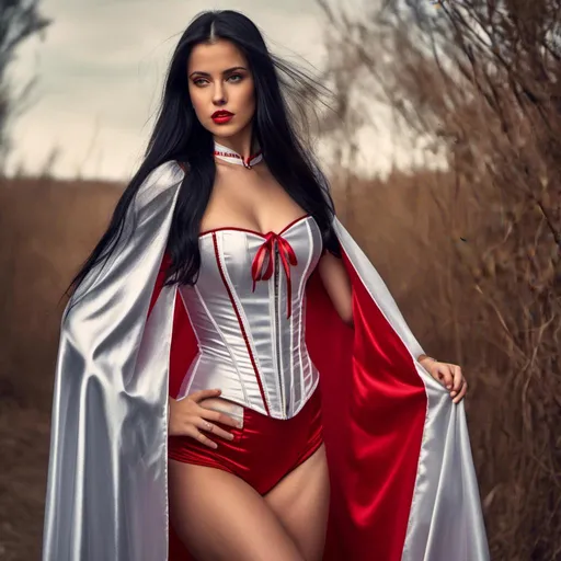 Prompt: <mymodel>((long high collar shiny silver and red lined cloak tied at the neck)), delicate and beautiful , demure girl , long black hair , shyly smiling  , silver corset and short skirt , right arm sweeping cape to the left,  RAW Photo , full colour , best quality , HDR , photographic , realism pushed to extreme , fine texture , ultrarealistic, film grain , full length , 8K , vogue,